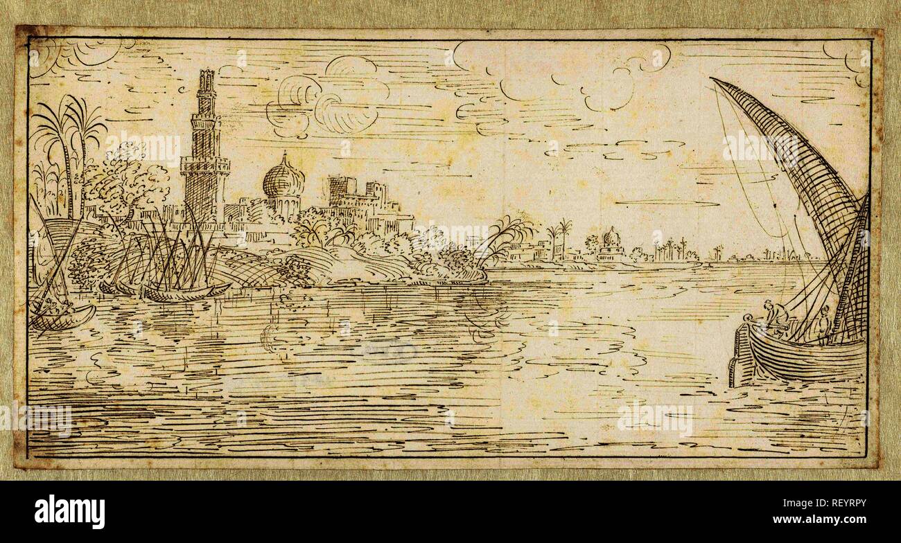 Rivierlandschap met enkele boten Op de Nijl. Gezichten rond de Middellandse Zee (Titel der Serie). Verfasser der Stellungnahme: Johan Teyler. Datierung: 1679 - 1683. Maße: H 118 mm x B 231 mm. Museum: Rijksmuseum, Amsterdam. Stockfoto