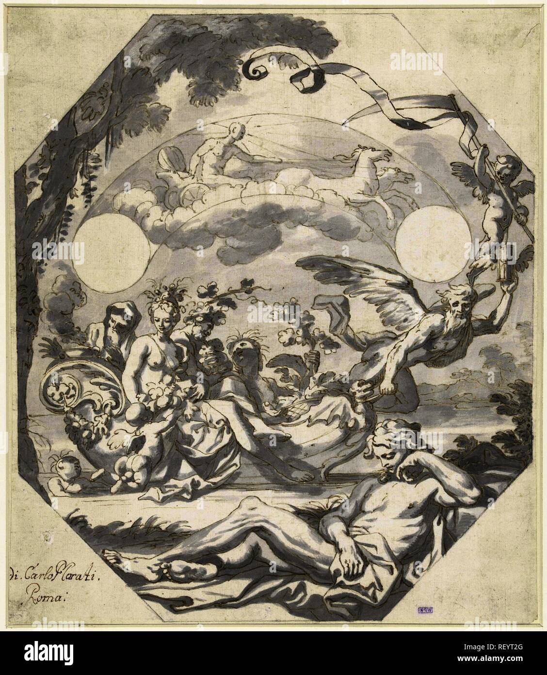 Design für ein Zifferblatt mit eine mythologische Allegorie. Verfasser der Stellungnahme: Carlo Maratti. Dating: 1635-1713. Maße: H 338 mm x B 288 mm. Museum: Rijksmuseum, Amsterdam. Stockfoto