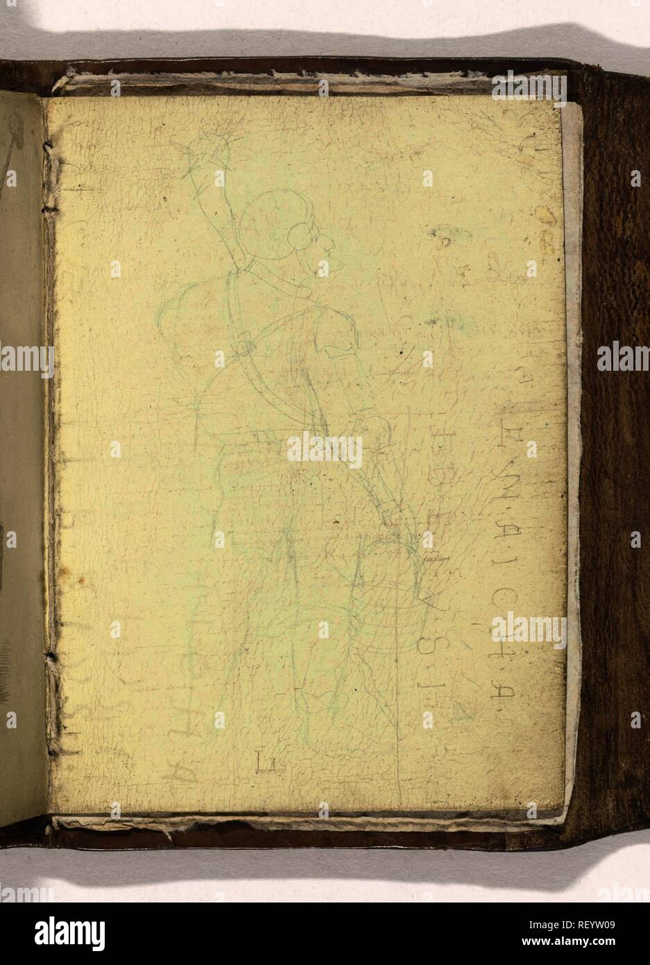 Herhaling van een van de romeinse Soldaten op Verso van blad 11. Schetsboek" A.S. Fe', 1587, blad 12r (12) (Titel der Serie). Artist: Lucas van Leyden. Verfasser: Anonym. Datierung: 1585 - 1587. Maße: H 105 mm x B 78 mm. Museum: Rijksmuseum, Amsterdam. Stockfoto