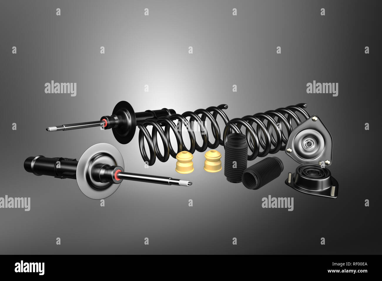 3D-Rendering. Pkw Stoßdämpfer mit Staubkappe, Puffer, die Montage und die Stütze am Katalysator Stockfoto