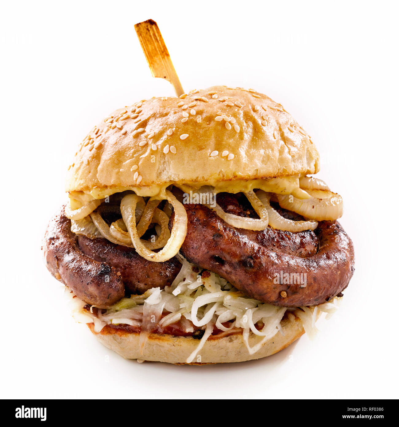 Gegrillte würzige Bratwurst Burger auf einem sesambrötchen mit ...