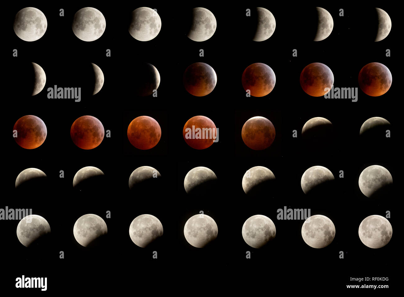Ein zusammengesetztes Bild einer Super Blut Wolf Mond als von Gosport, Hampshire gesehen. Bild Datum Montag, 21. Januar 2019. Bild von Christopher Ison. Stockfoto
