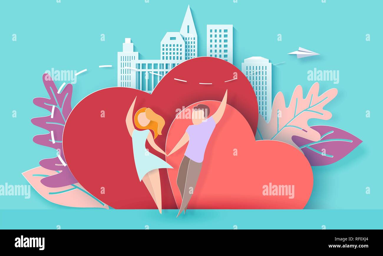 Valentines Tag Karte mit ein paar Hände halten in Liebe und mit roten Herzen Hintergrund mit modernen sity und Paper Plane. Vektor Papier art Illustration. Papier geschnitten und Handwerk Stil. Stock Vektor