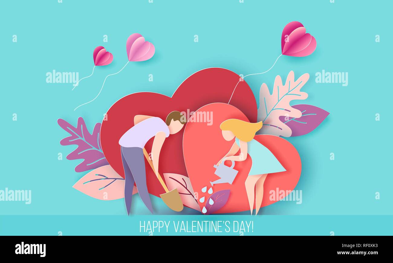 Valentines Tag Karte mit Paar kümmern Liebe Herz pflanze mit Luftballons. Vektor Papier art Illustration. Papier geschnitten und Handwerk Stil. Stock Vektor