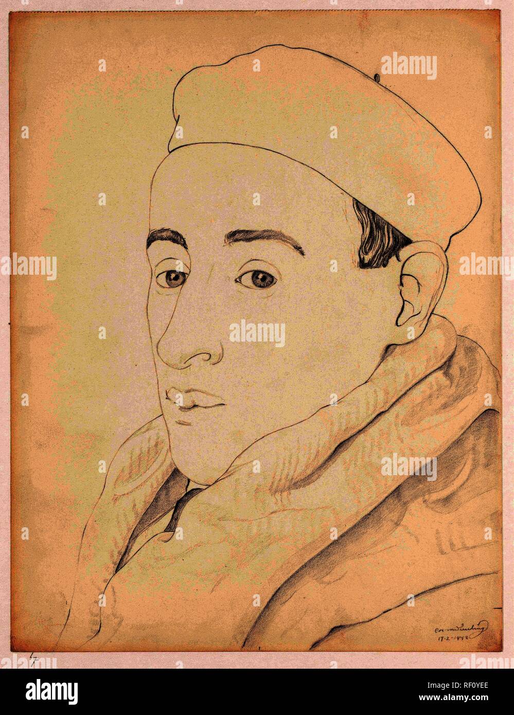 Zelfportret met pet: B-1-1, 17 Februar. Zelfportretten van Cor van Teeseling (Titel der Serie). Verfasser der Stellungnahme: Cor van Teeseling. Dating: 17-Feb-1942. Ort: Weteringschans (Amsterdam). Maße: H 35,5 cm x W 27,0 cm. Museum: Rijksmuseum, Amsterdam. Stockfoto