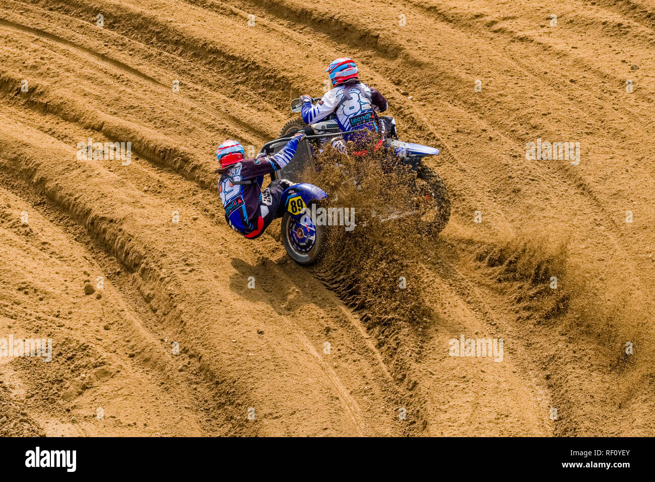 Mitfahrer auf der seitenwagen Motocross bei der Deutschen Meisterschaft auf der Motocross Strecke bin Österreicher Stockfoto