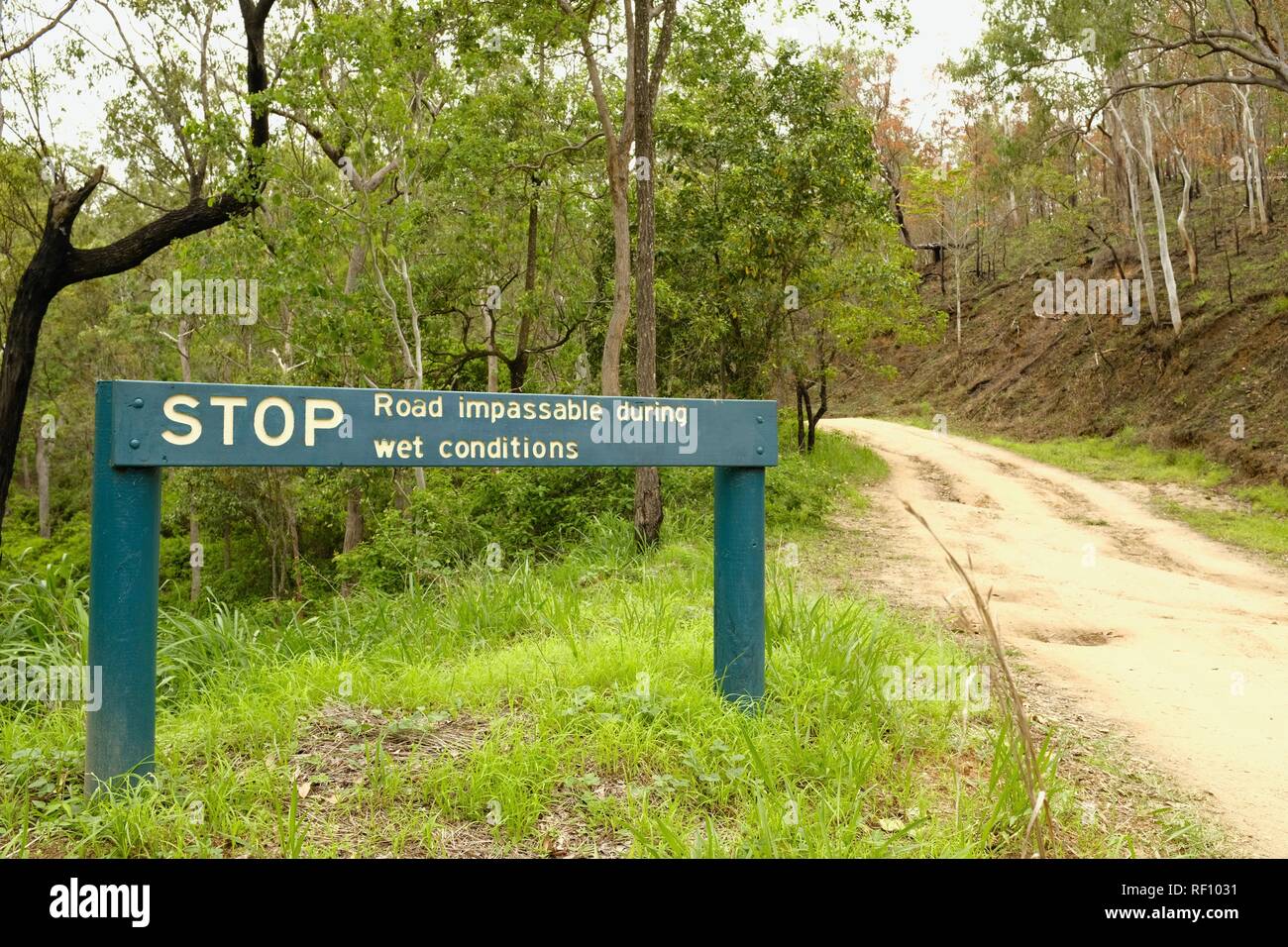 Stop Straße unpassierbar in nassen Bedingungen unterzeichnen, Mia Mia State Forest, Queensland, Australien Stockfoto