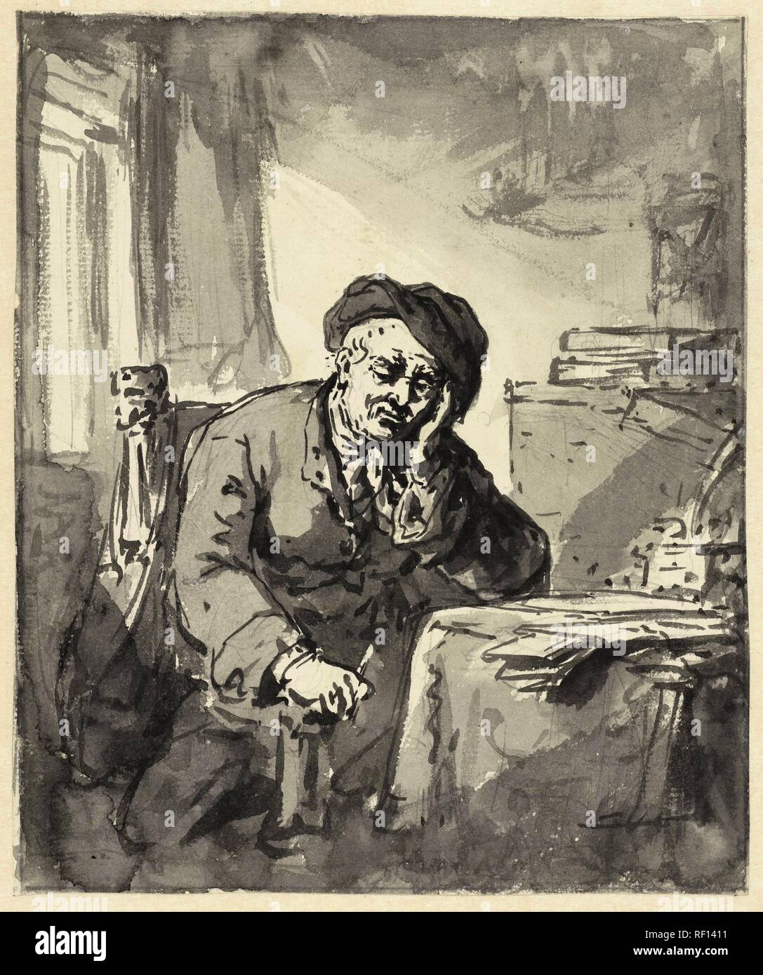 Mann am Tisch sitzen, seinen Kopf auf den linken Arm. Verfasser der Stellungnahme: Abraham van Strij (I). Datierung: 1763 - 1826. Maße: H 206 mm x B 173 mm. Museum: Rijksmuseum, Amsterdam. Stockfoto