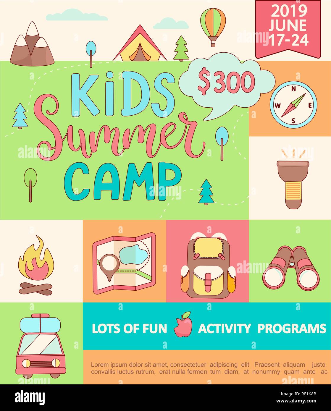 Banner für die Kinder Sommer Camp, Konzept mit handdrawn Schriftzug, Camping und Reisen Urlaub mit einer Menge Camping Ausrüstung wie Zelt, Rucksack und andere in Flat, Vector Illustration. Stock Vektor