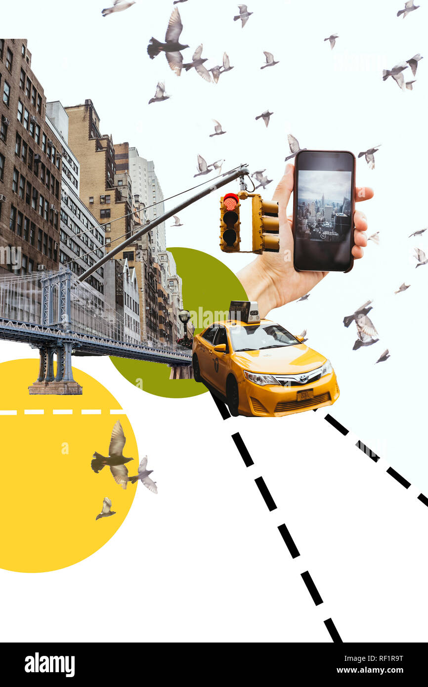 7/8 shot fo Mann mit Smartphone unter Bild von New York City mit Vögeln, Taxi und Kreise Abbildung Stockfoto