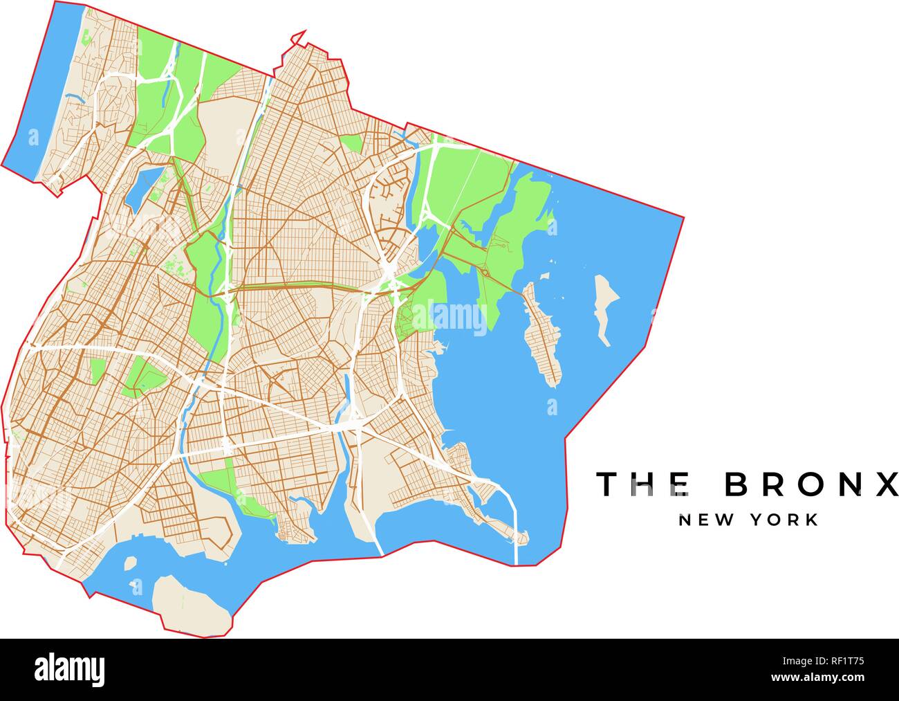 Vektorkarte der Bronx, New York, USA. Verschiedene Farben für Straßen, Parks, Wasser und Grenze. Stock Vektor