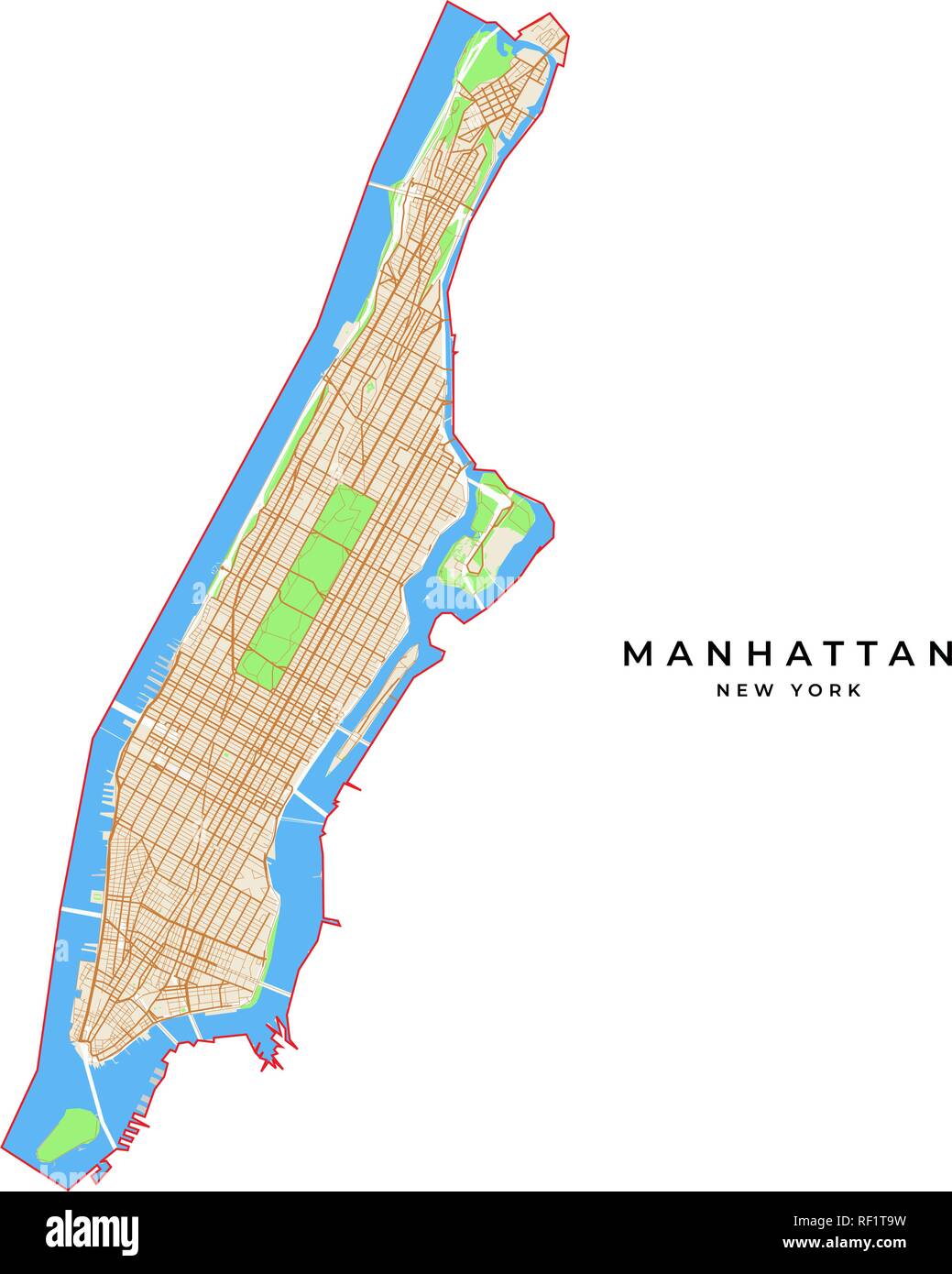 Vektorkarte von Manhattan, New York, USA. Verschiedene Farben für Straßen, Parks, Wasser und Grenze. Stock Vektor