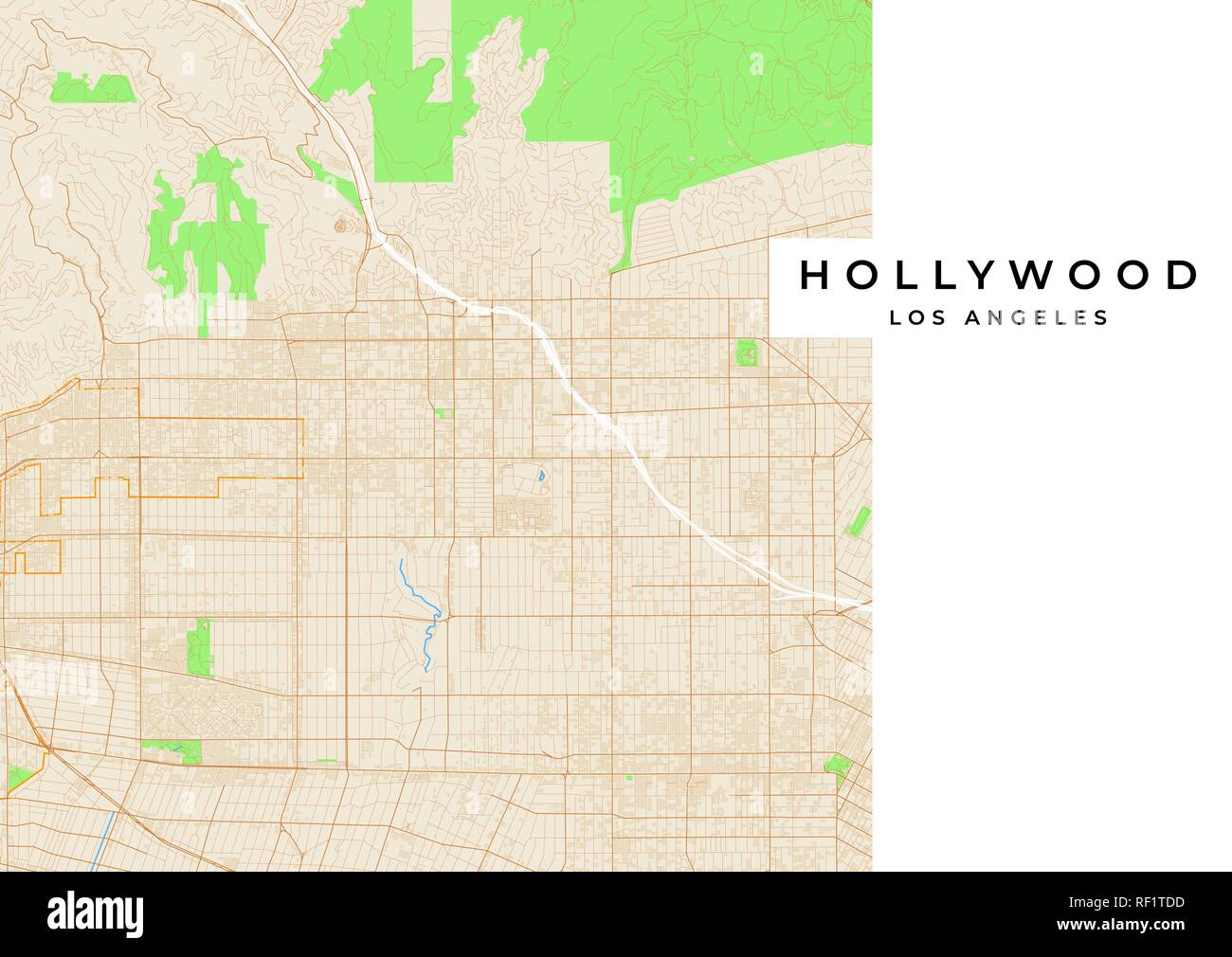 Vektorkarte von Hollywood, Los Angeles, USA. Verschiedene Farben für Straßen, Parks, Wasser und Grenze. Stock Vektor
