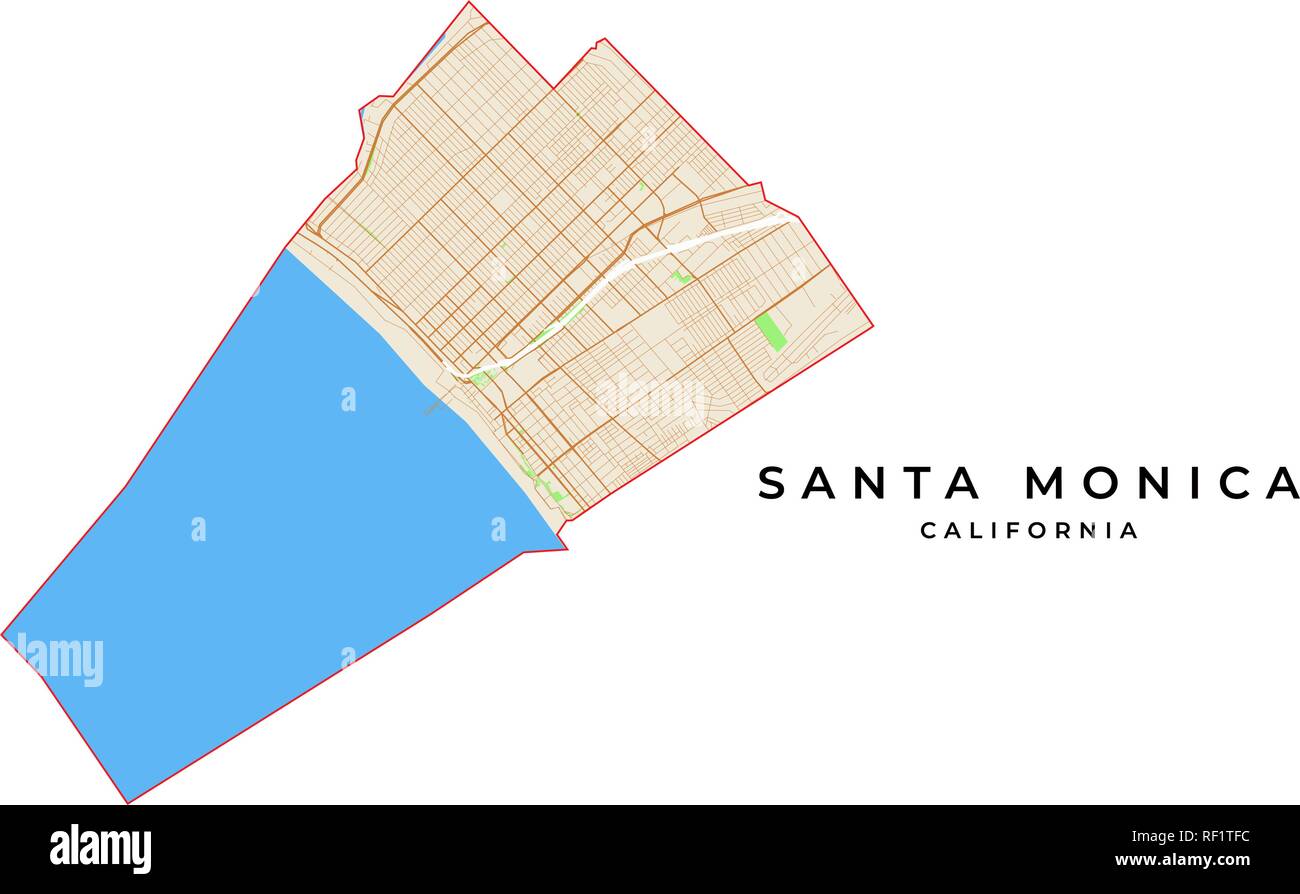 Vektorkarte von Santa Monica, Kalifornien, USA. Verschiedene Farben für Straßen, Parks, Wasser und Grenze. Stock Vektor