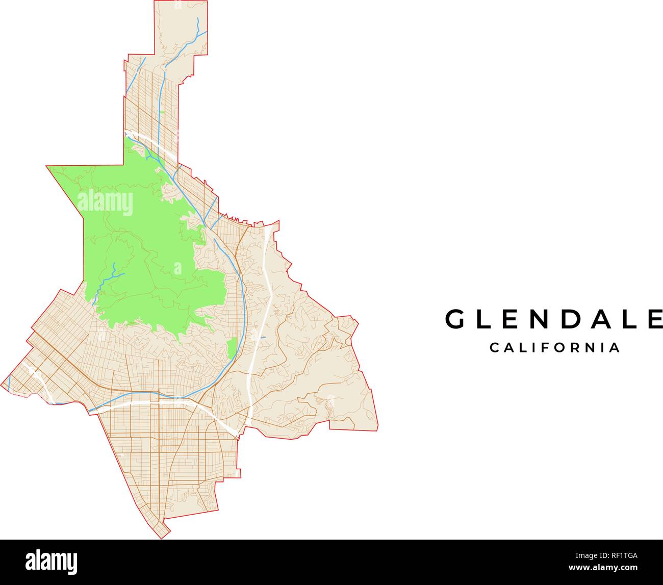 Vektorkarte von Glendale, Kalifornien, USA. Verschiedene Farben für Straßen, Parks, Wasser und Grenze. Stock Vektor