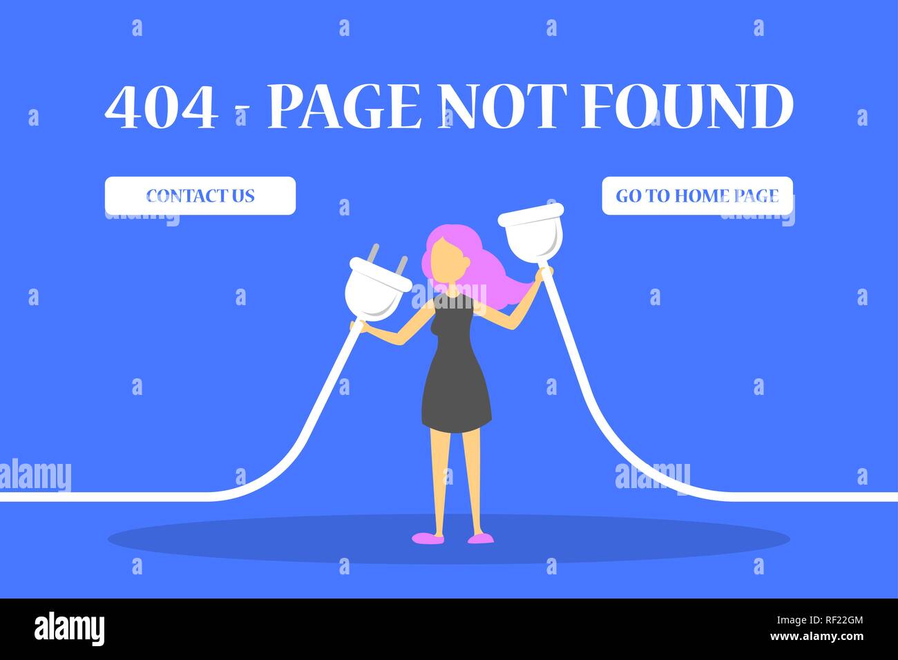 Fehler 404 Seite nicht gefunden Banner für Website. Web Page Design Konzept. Frau mit Stecker und Buchse. Problem mit Internet und Verbindung verloren. Stock Vektor