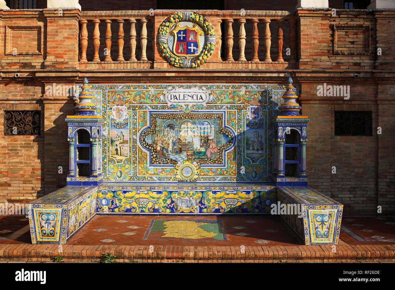 Mosaik Bild der Provinz Palencia aus Azulejo Kacheln, Plaza Espana, Sevilla, Andalusien, Spanien Stockfoto