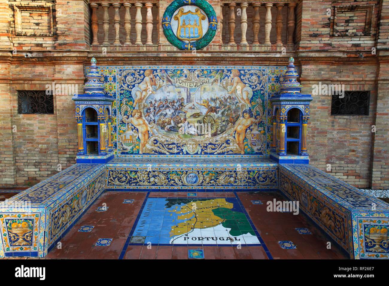 Mosaik Bild der Provinz Pontevedro von Azulejo Kacheln, Plaza Espana, Sevilla, Andalusien, Spanien Stockfoto