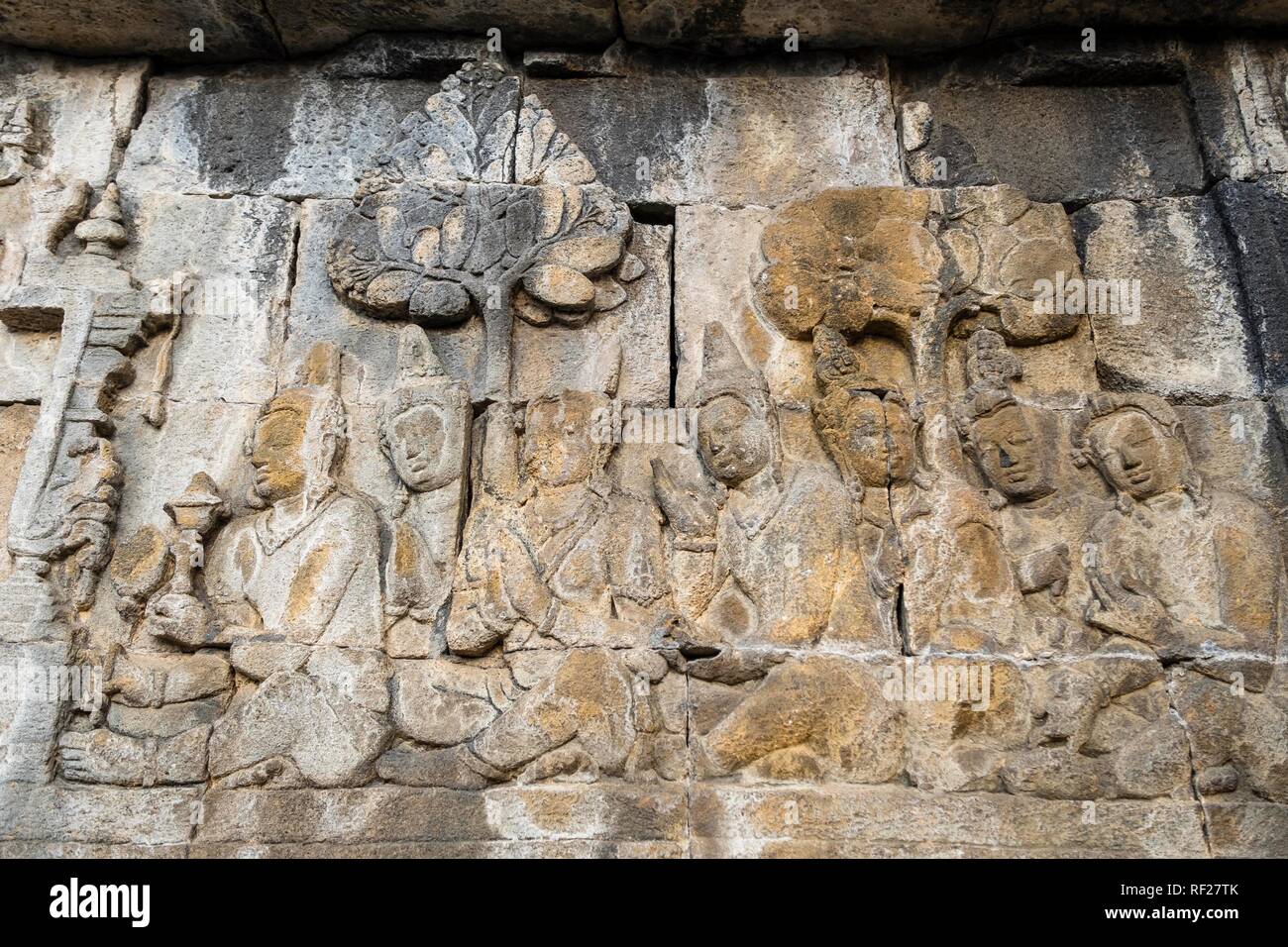 Stein Relief, buddhistische Tempelanlage Borobudur, Yogyakarta, Java, Indonesien Stockfoto