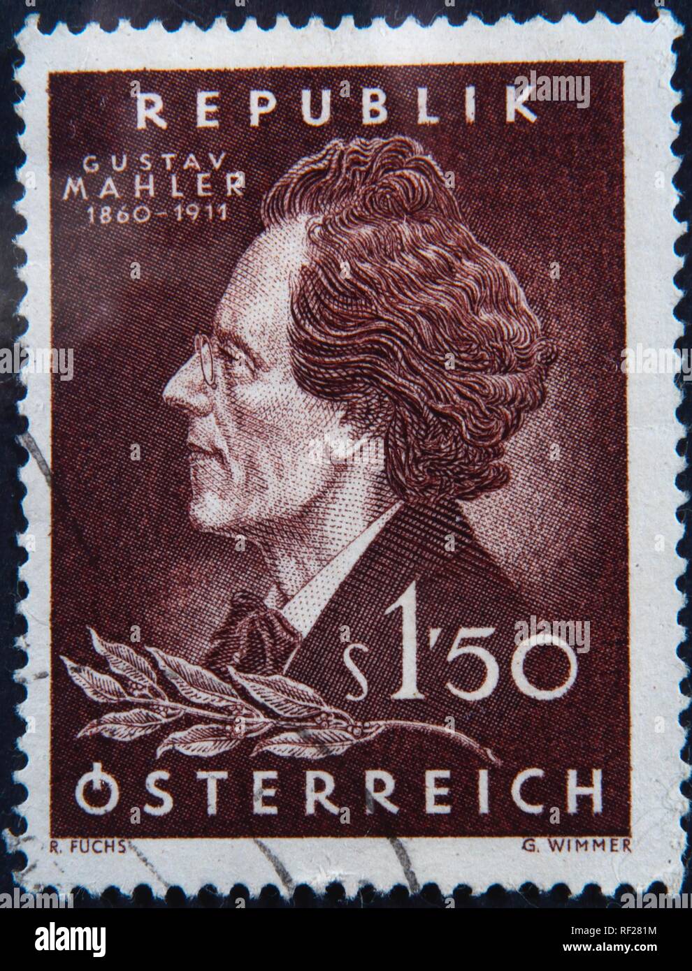 Gustav Mahler, österreichischer Komponist und Musiker, Porträt auf eine Österreichische Briefmarke, Schweden Stockfoto
