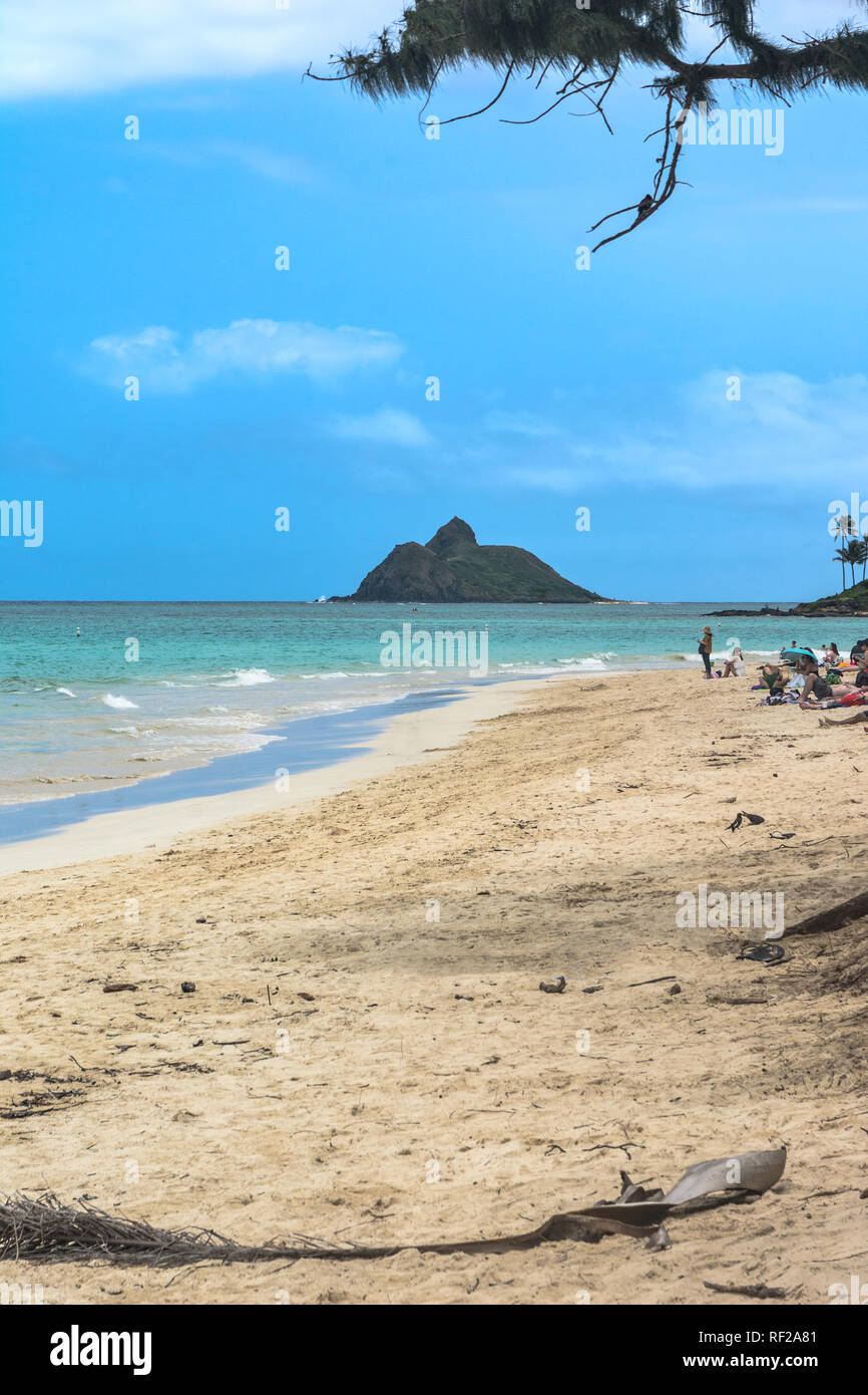 Blick auf die Insel von Mokulua Lanikai Beach, Oahu, Hawaii Stockfoto