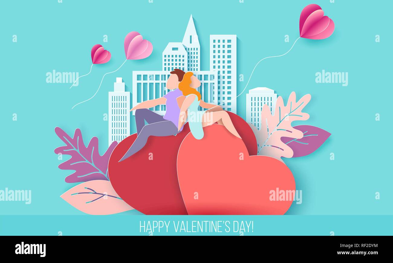 Valentines Tag Karte mit ein paar Hände halten in Liebe und sitzen auf roten Herzen Hintergrund mit modernen sity und Luftballons. Vektor Papier art Illustration. Papier geschnitten und Handwerk Stil. Stock Vektor