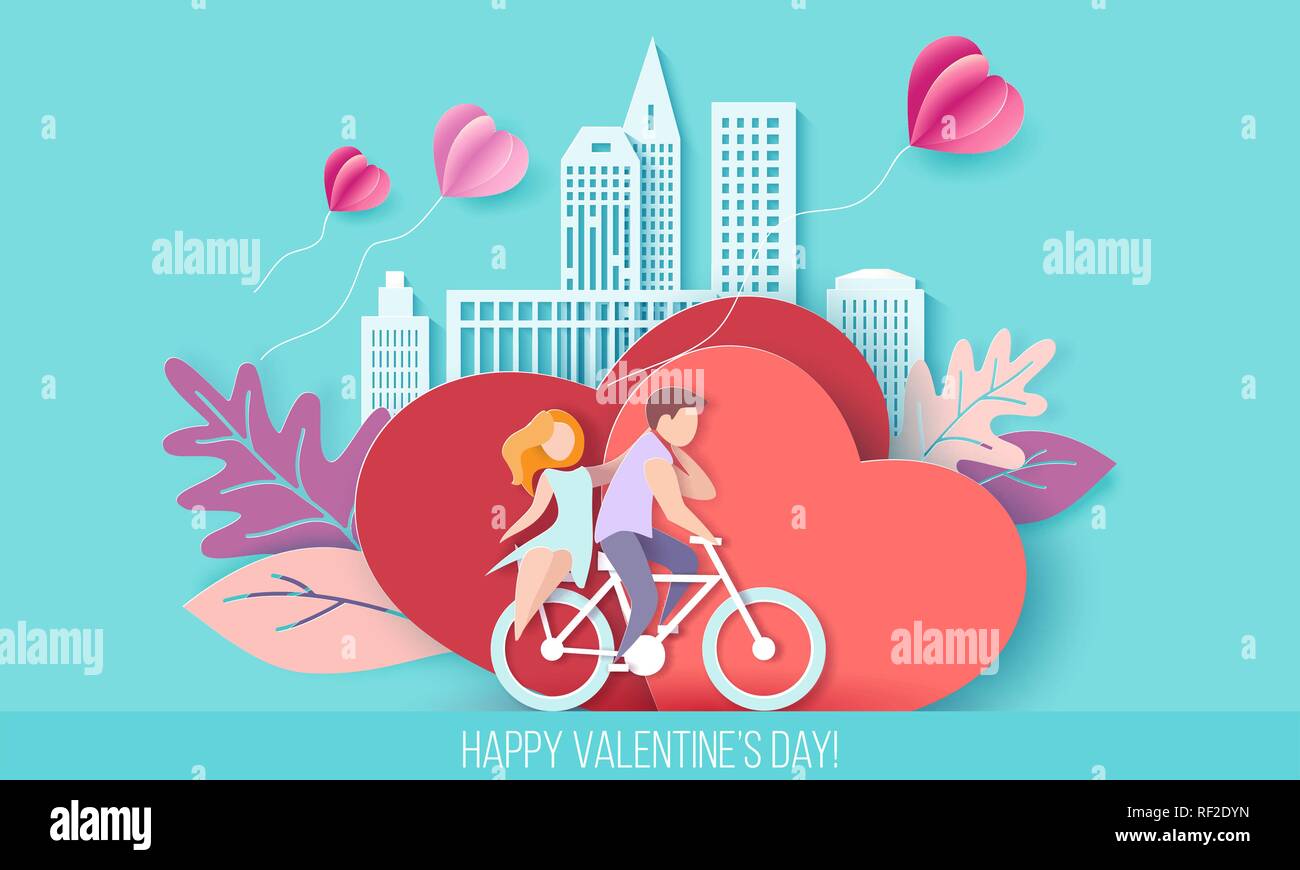 Valentines Tag Karte mit paar Reiten Fahrrad auf roten Herzen Hintergrund mit modernen sity und Luftballons. Vektor Papier art Illustration. Papier geschnitten und Handwerk Stil. Stock Vektor
