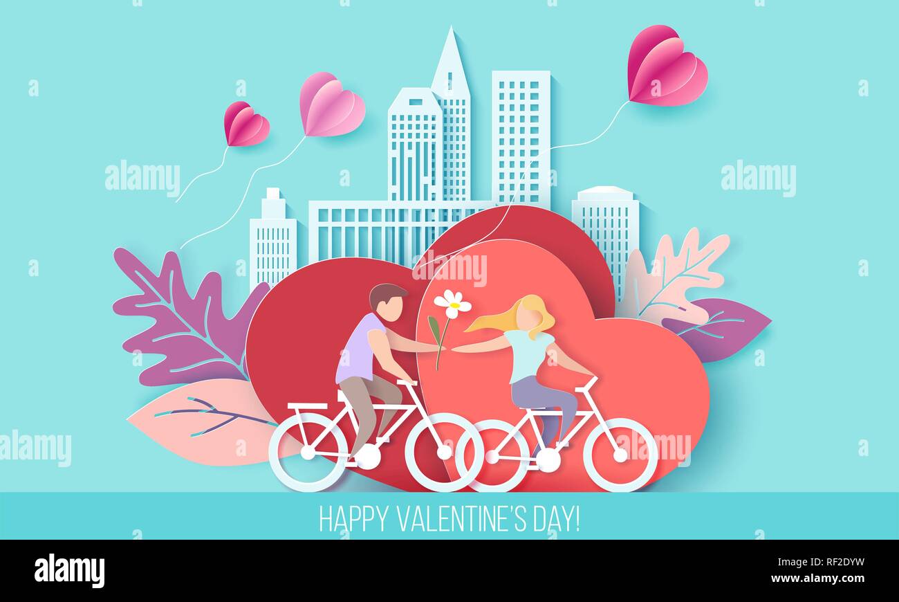Valentines Tag Karte mit paar Reiten Fahrrad auf roten Herzen Hintergrund mit modernen sity und Luftballons. Vektor Papier art Illustration. Papier geschnitten und Handwerk Stil. Stock Vektor