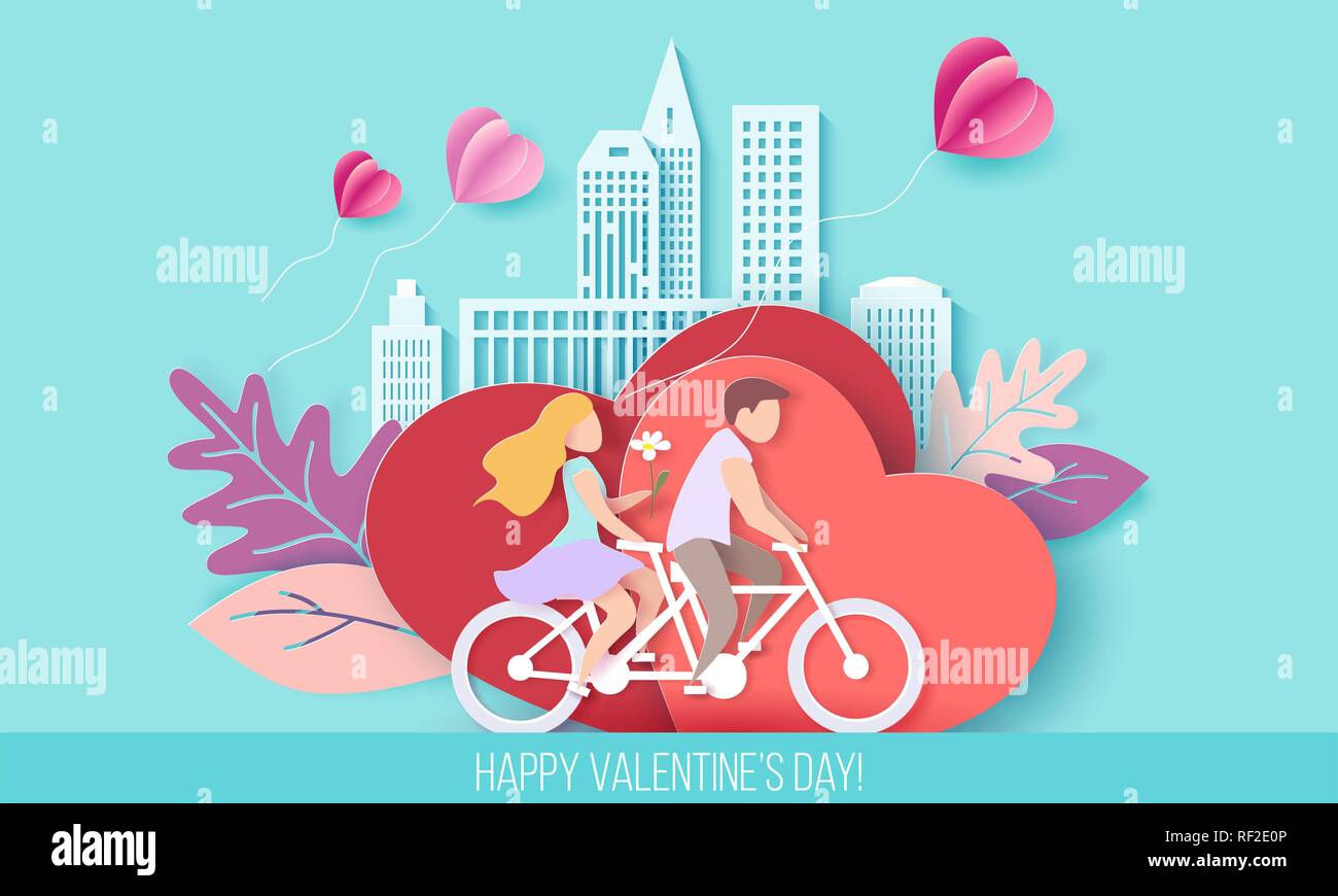 Valentines Tag Karte mit paar Reiten Fahrrad auf roten Herzen Hintergrund mit modernen sity und Luftballons. Vektor Papier art Illustration. Papier geschnitten und Handwerk Stil. Stock Vektor