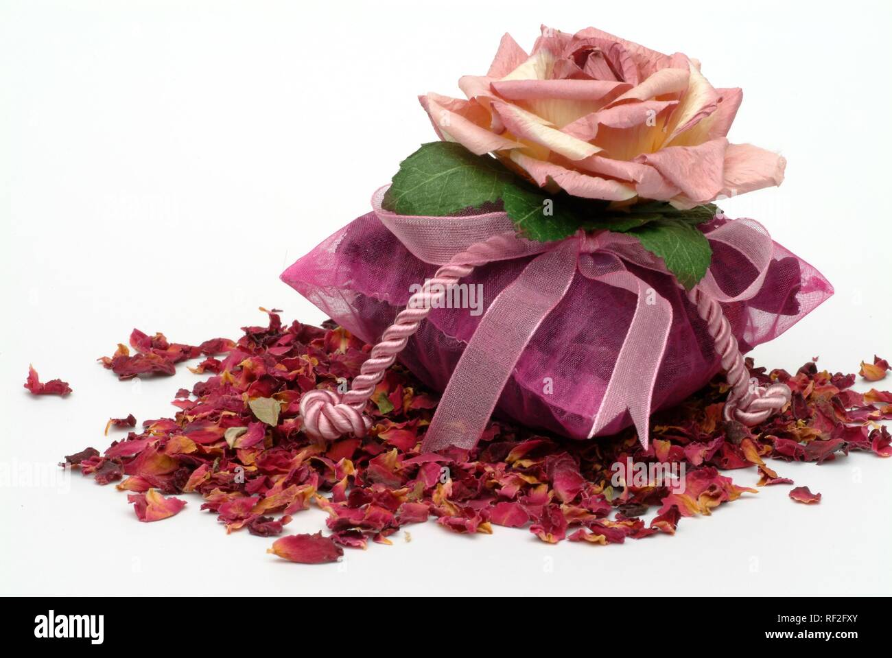 Beutel gefüllt mit Rosenblättern Stockfoto