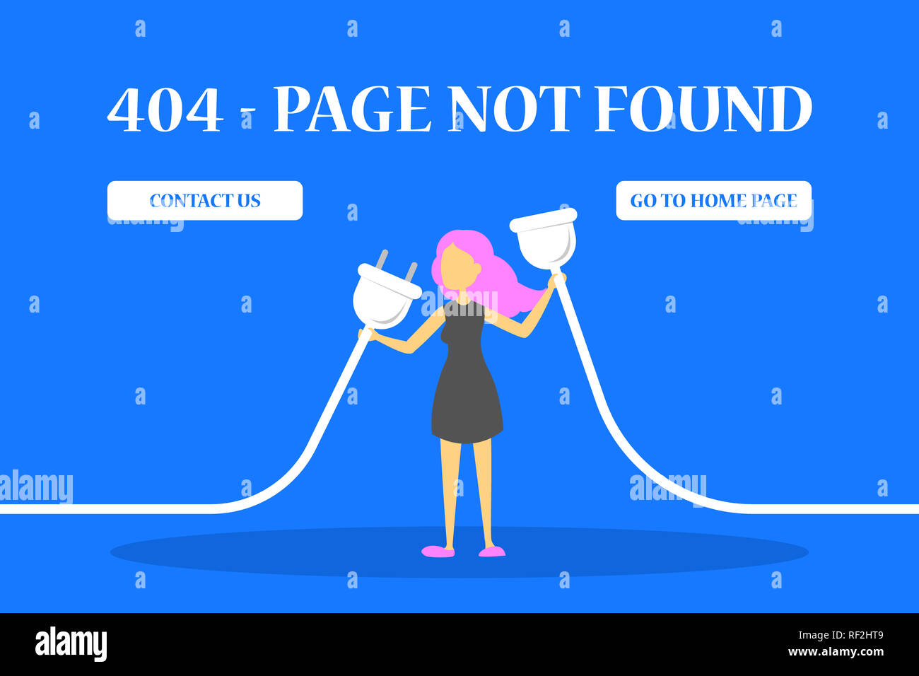 Fehler 404 Seite nicht gefunden Banner für Website. Web Page Design Konzept. Frau mit Stecker und Buchse. Problem mit Internet und Verbindung verloren. Stockfoto