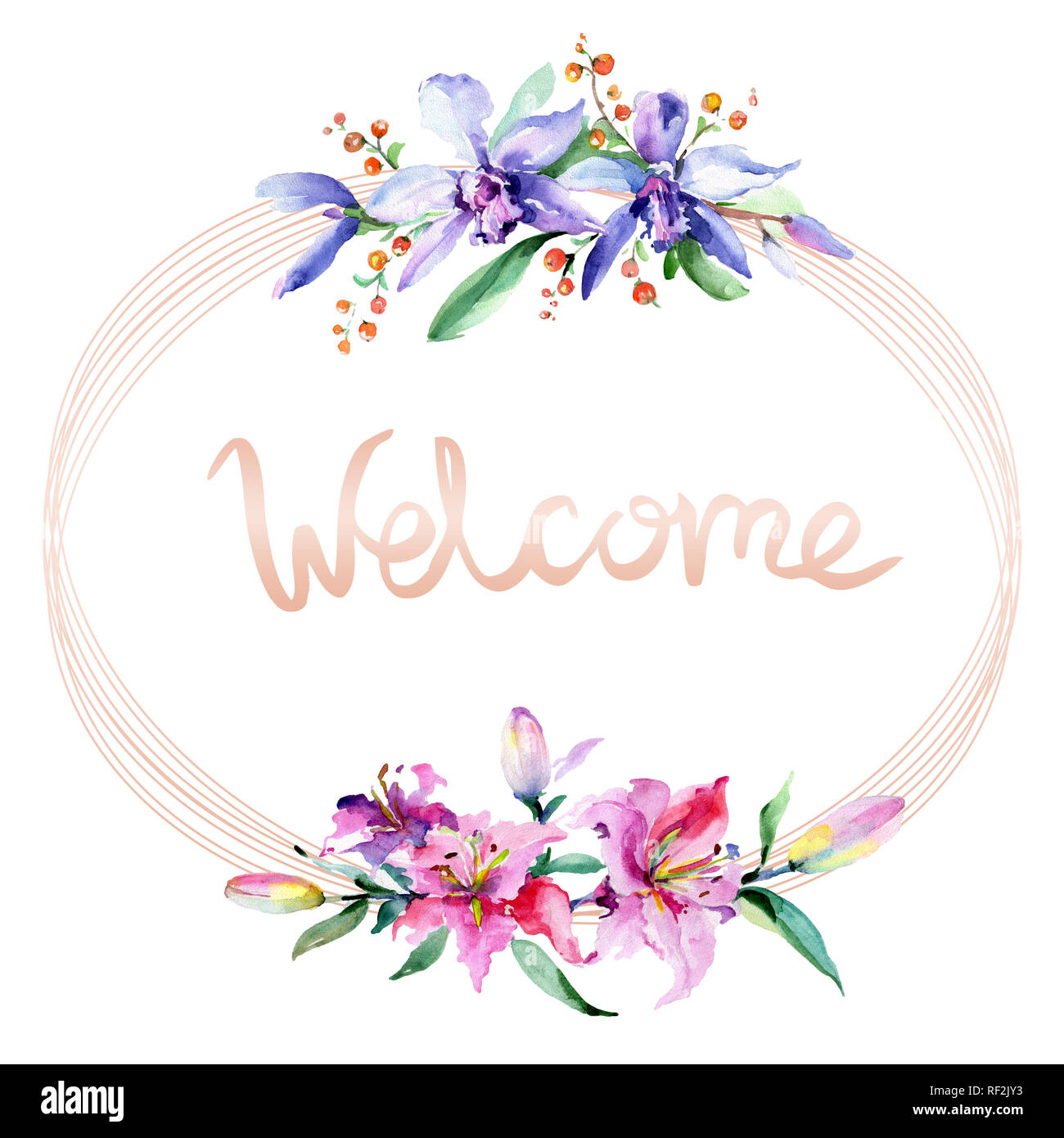 Rosa und Lila Orchidee. Wild Federblatt wildflower isoliert. Aquarell Hintergrund Abbildung. Aquarell Zeichnung mode Aquarelle iso Stockfoto