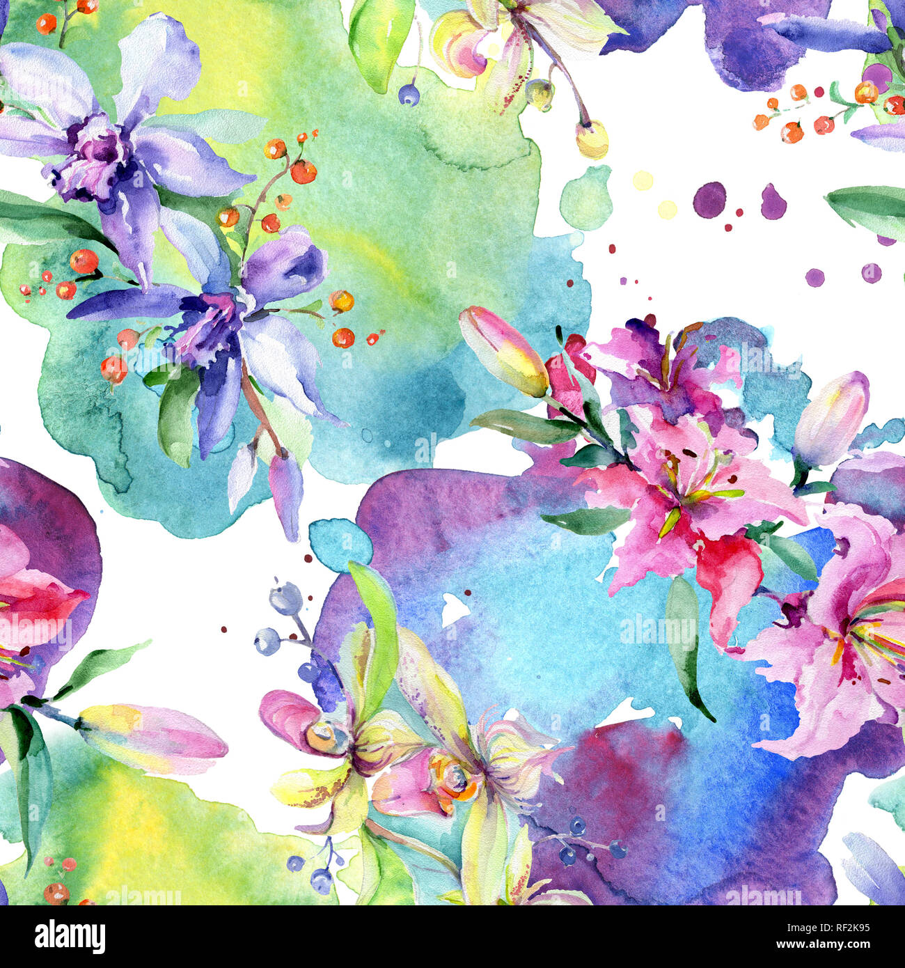 Rosa und Lila Orchidee. Wild Federblatt wildflower. Aquarell Abbildung. Aquarell Zeichnung mode Aquarelle isoliert. Nahtlose zurück Stockfoto