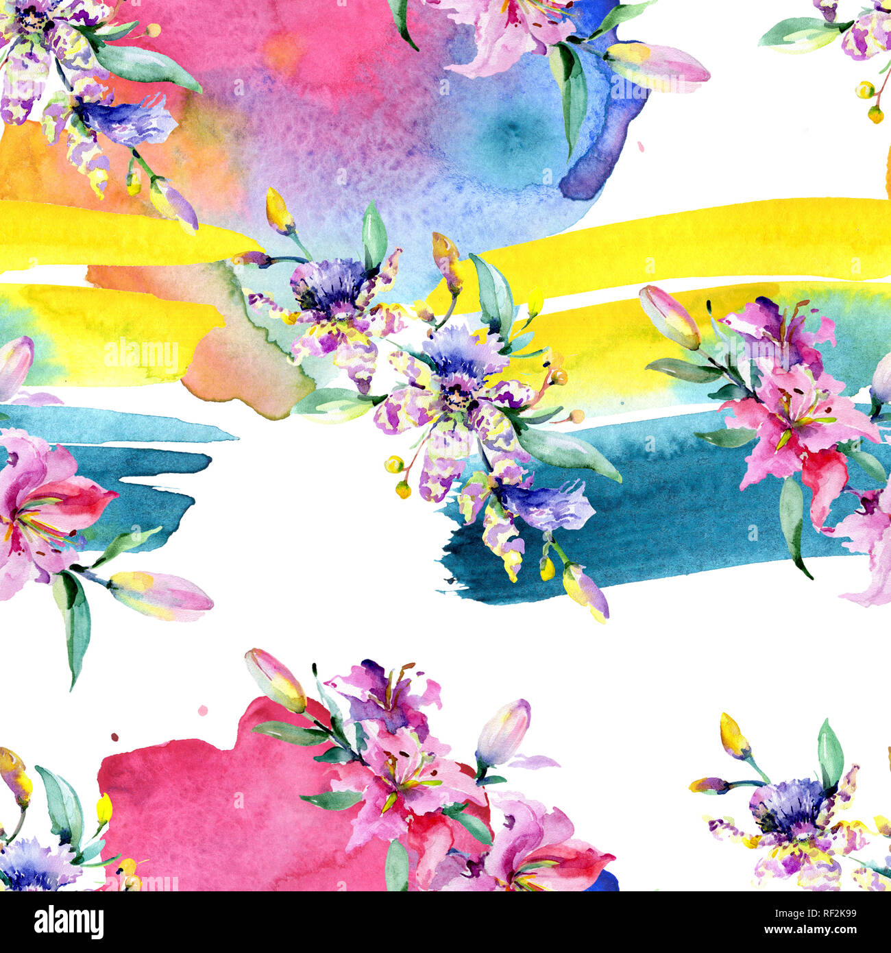 Rosa und Lila Orchidee. Wild Federblatt wildflower. Aquarell Abbildung. Aquarell Zeichnung mode Aquarelle isoliert. Nahtlose zurück Stockfoto