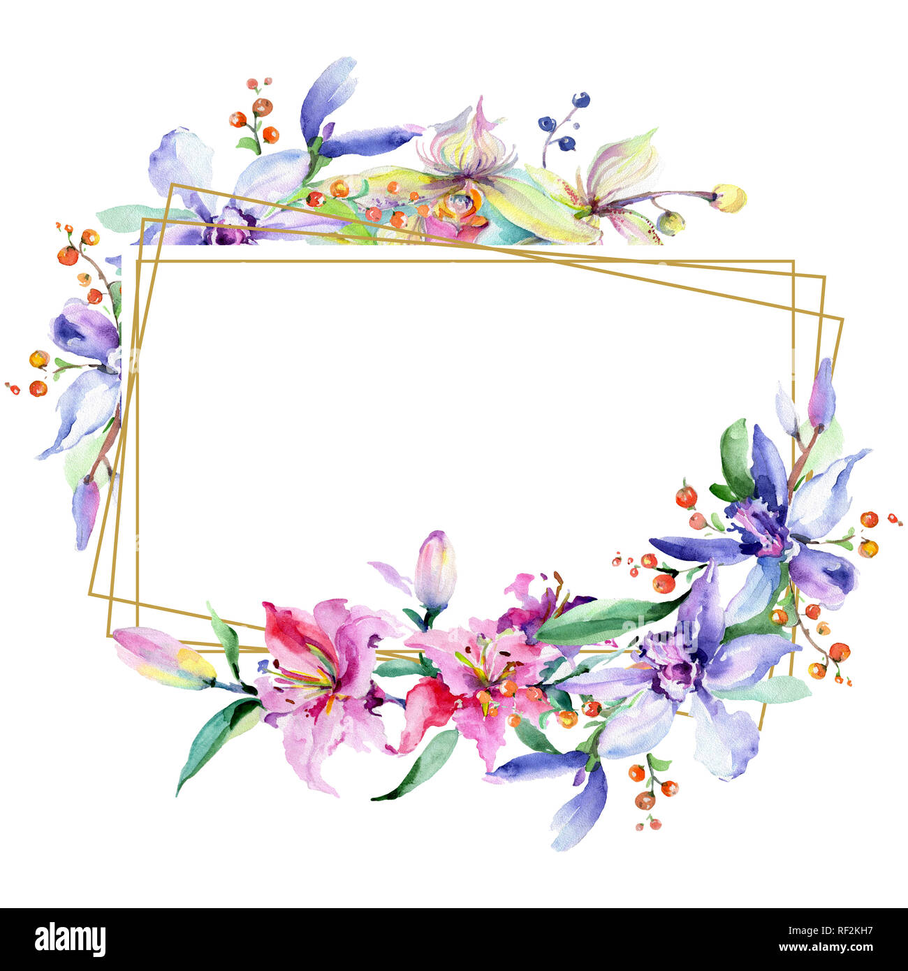 Rosa und Lila Orchidee. Wild Federblatt wildflower isoliert. Aquarell Hintergrund Abbildung. Aquarell Zeichnung mode Aquarelle iso Stockfoto