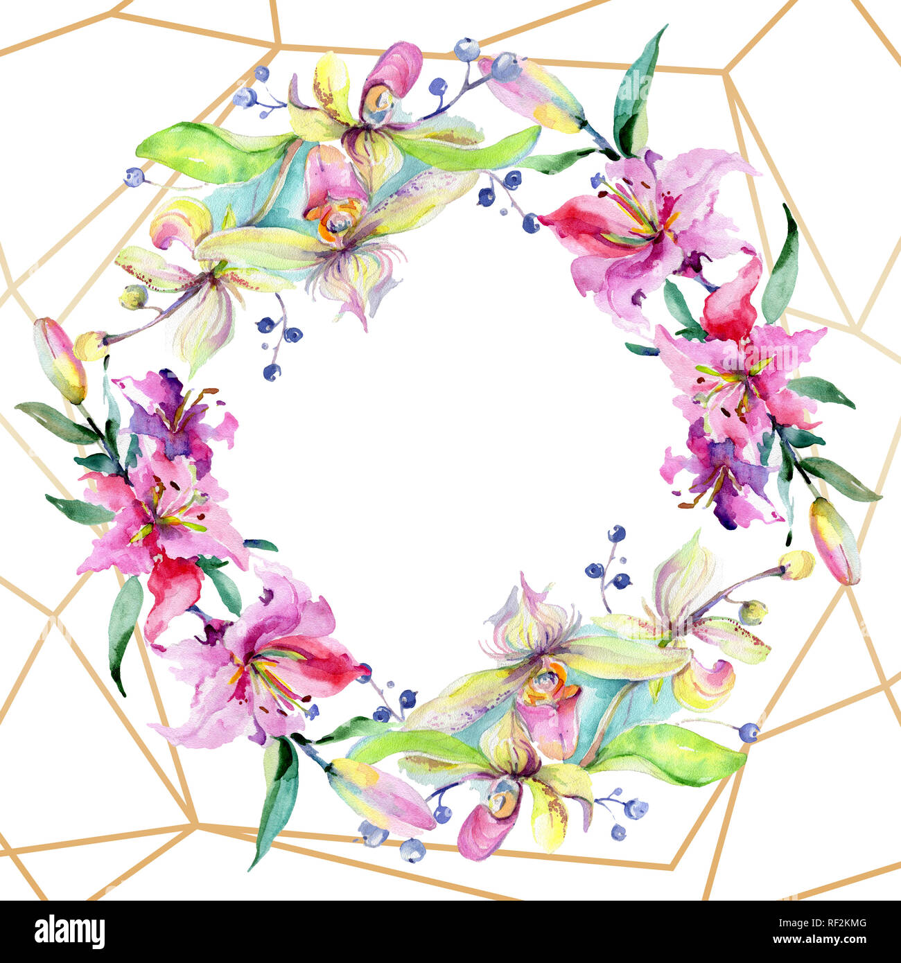 Rosa und Lila Orchidee. Wild Federblatt wildflower isoliert. Aquarell Hintergrund Abbildung. Aquarell Zeichnung mode Aquarelle iso Stockfoto