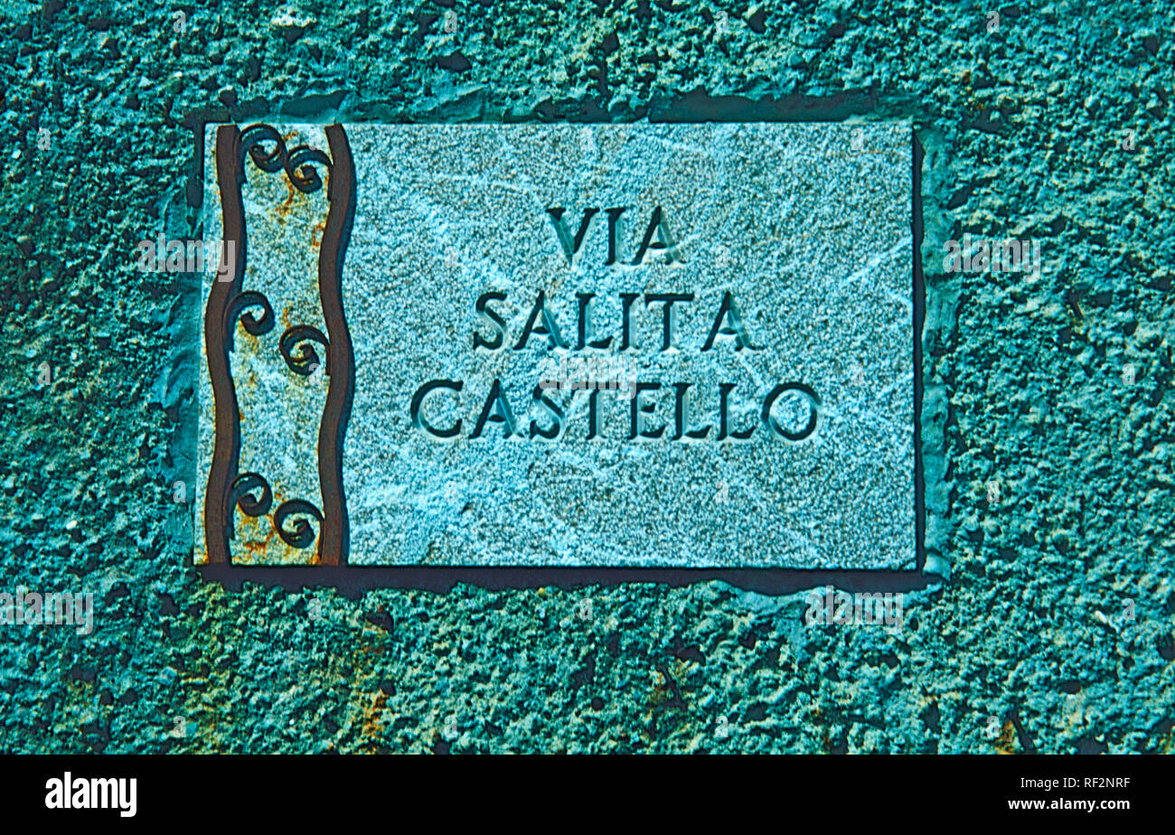 Sizilien Castelmola Messing Provinz Straße Name Sign Stockfoto