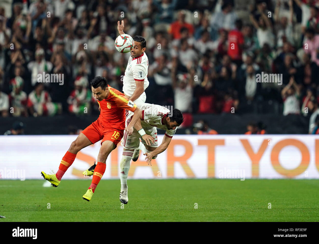 Januar 24, 2019: Während China v Iran auf der Mohammed Bin Zayed Stadion in Abu Dhabi, Vereinigte Arabische Emirate, AFC Asian Cup, asiatische Fußball-Meisterschaft. Ulrik Pedersen/CSM. Stockfoto