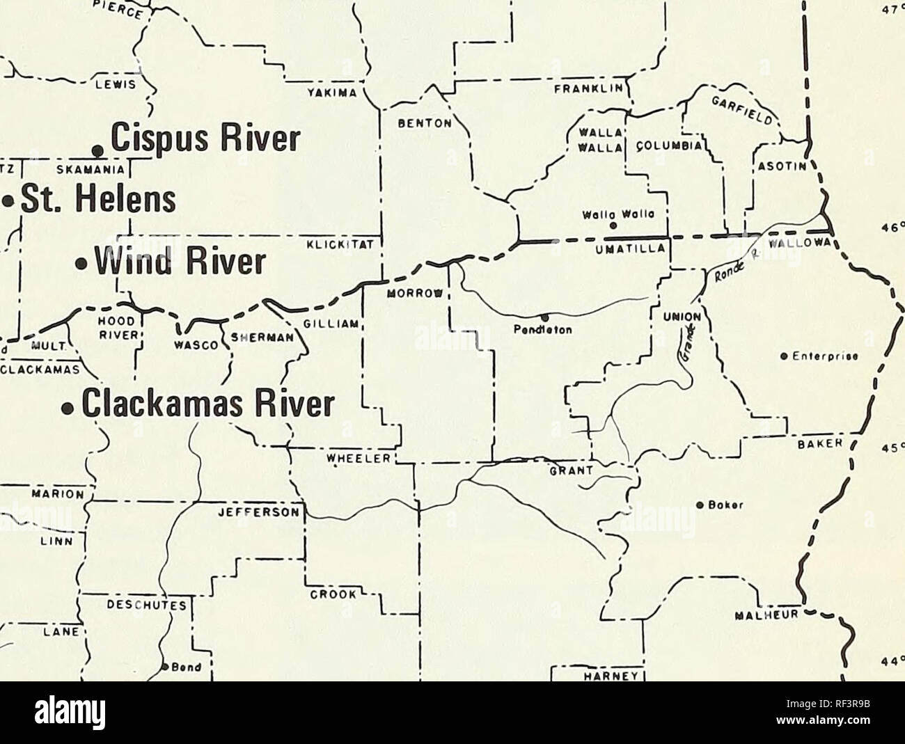 . Die Verschlechterung der Käfer getötet Douglas-fir In westlichen Oregon und Washington. 5 J - 1^â¢ r V?  HS, ich 'Nr: ^T0-N-i^/ ^ Cispus Fluss """""^ COWLITz"] SKAMflNIA] N^^.,-Str. Helens: - j. Wind River • 1..--TF-'"^-- r^/^ Clackamas River ich YAMHILL" -:) Marys Peak. ^ â¢â Mapleton. MALHEUR ** w, Willamett^K^O ich 'HJ-G fO X P • Sutherlinj ^""' "T Millicoma-f. Bitte beachten Sie, dass diese Bilder aus gescannten Seite Bilder, die digital für die Lesbarkeit verbessert haben mögen - Färbung und Aussehen dieser Abbildungen kann nicht extrahiert werden Stockfoto