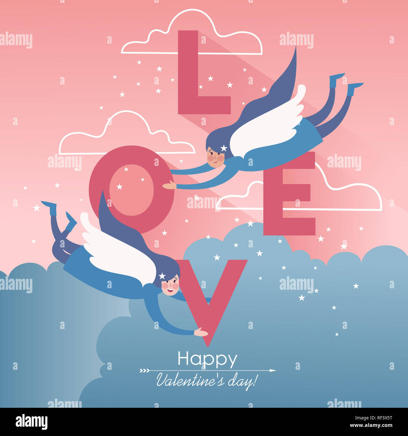 Nettes Paar soaring White-winged Angels mit Valentines, rosa Himmel Hintergrund. Stockfoto