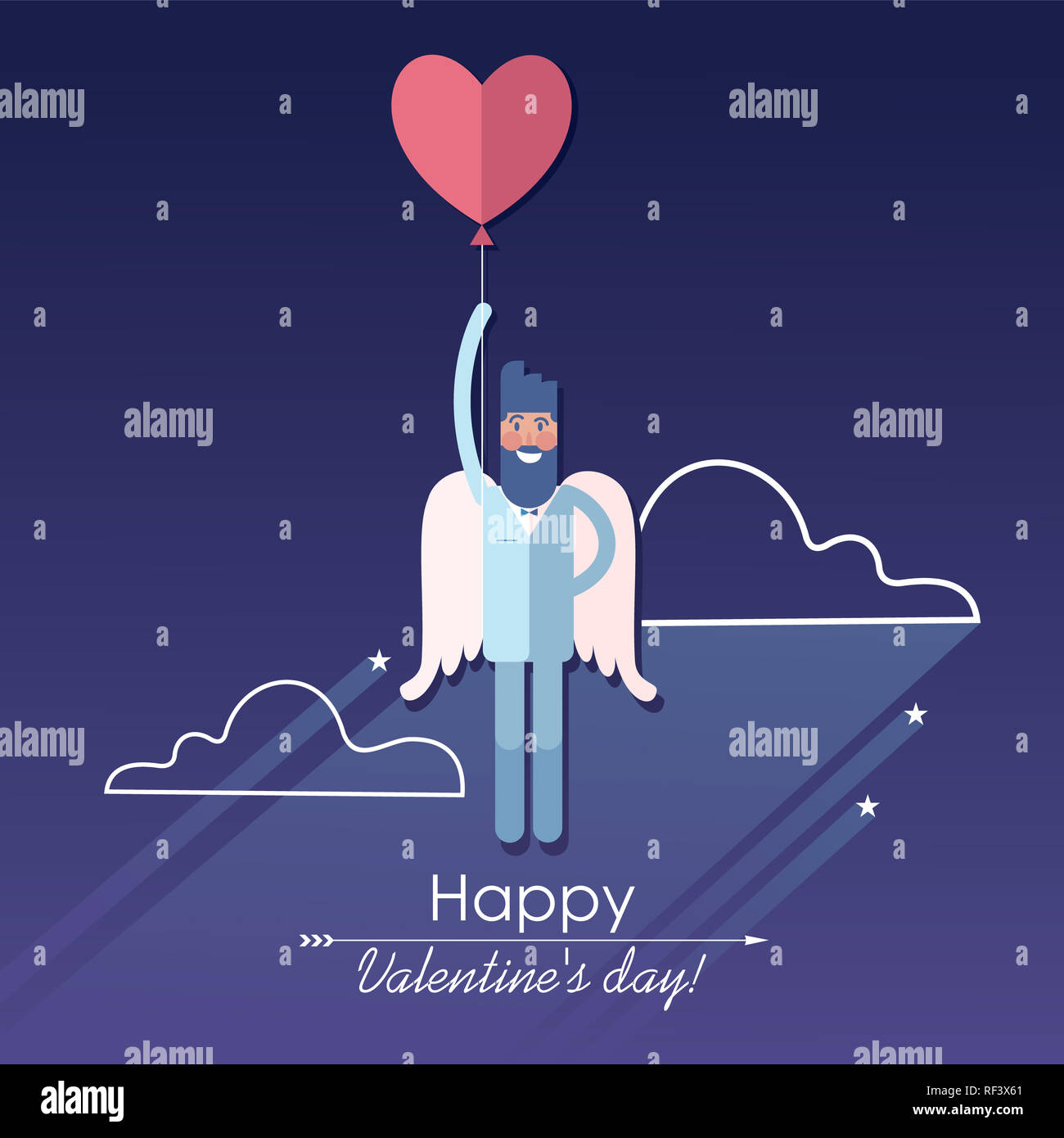 Hochfliegende White-winged bärtige Engel mit Valentines herzförmige Ballons, blauer Himmel. Stockfoto