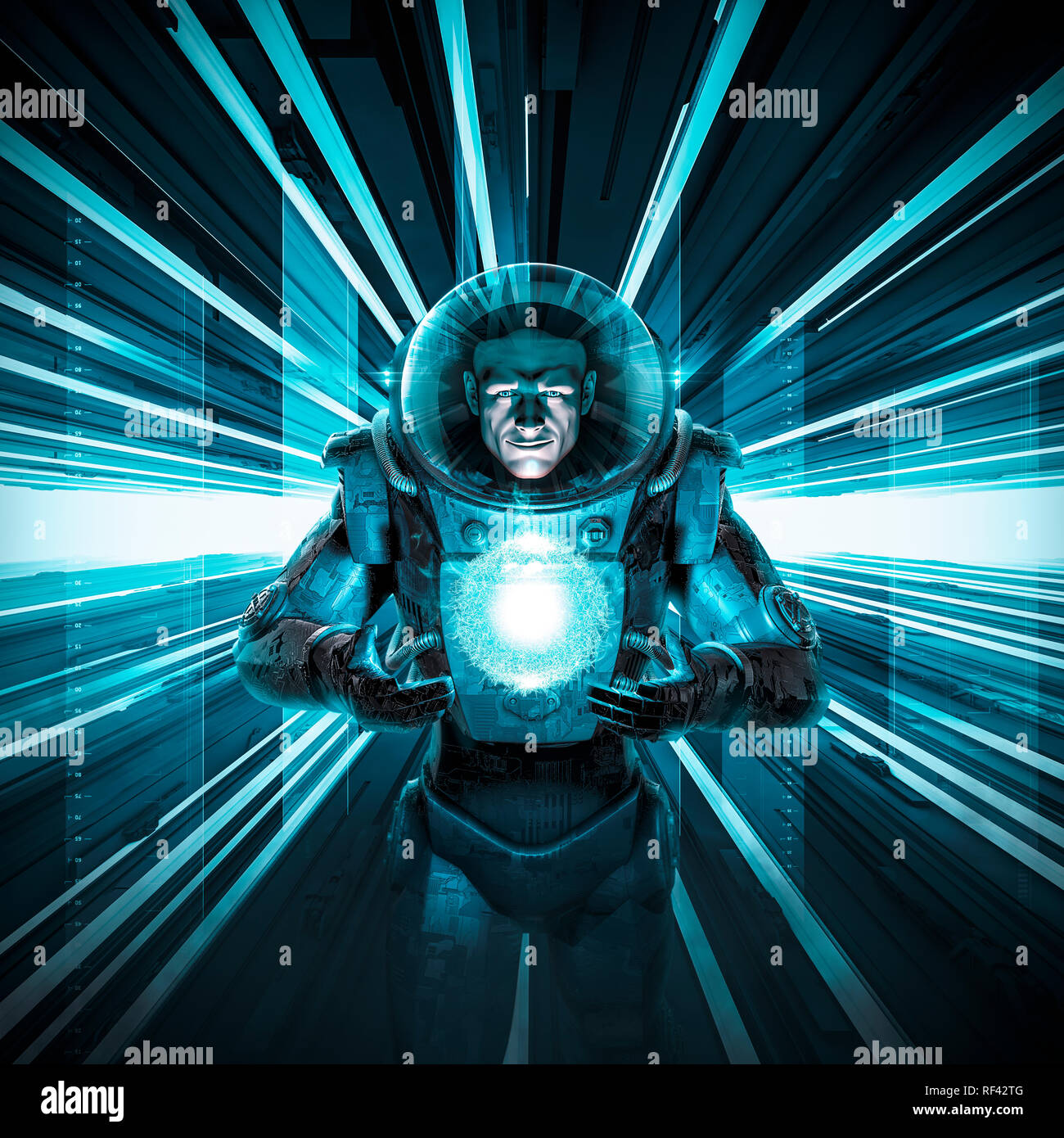 Männlichen Astronauten, die Orb/3D-Darstellung der science fiction Szene mit Astronaut im Raumanzug in Neon Korridor mit leuchtenden Alien Quan lit Stockfoto