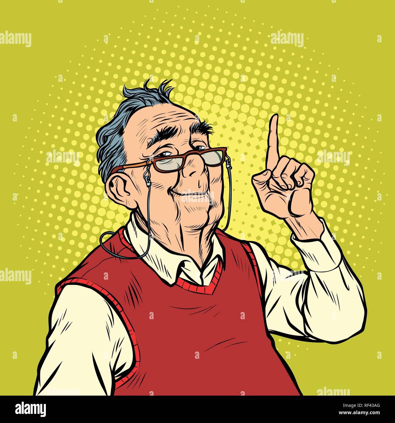Lächeln älterer Mann mit Brille Aufmerksamkeit Geste Zeigefinger nach oben Stock Vektor