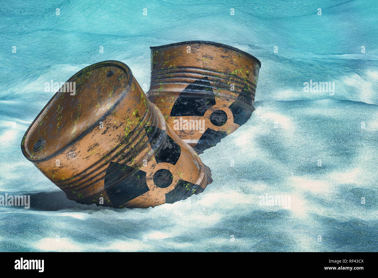Fässer mit radioaktiven Abfällen auf Ocean Bottom Unterwasser. 3D-Rendering Stockfoto