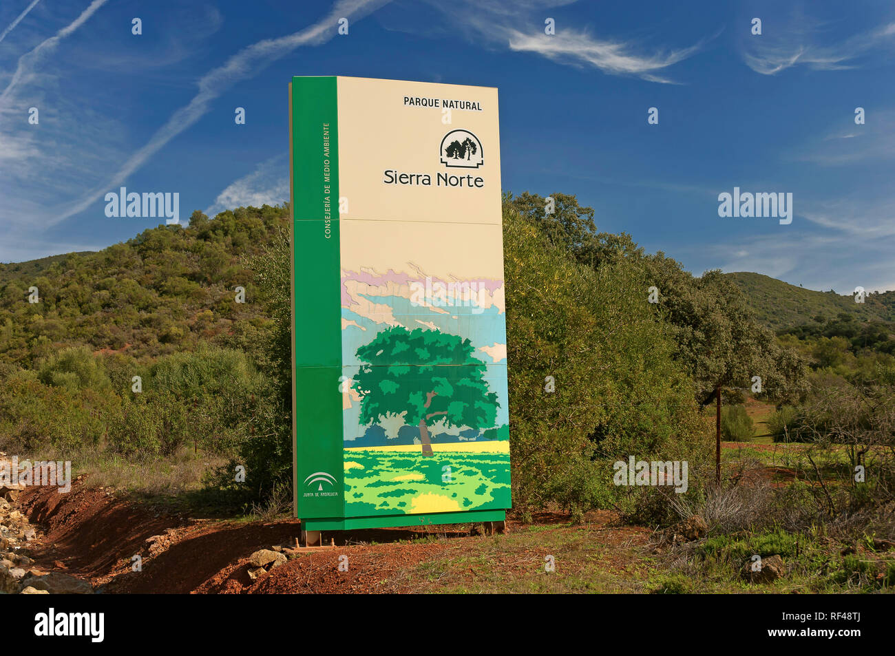 Sierra Norte Naturpark-Signage Poster. San Nicolas del Puerto. Sevilla Provinz. Region Andalusien. Spanien. Europa Stockfoto