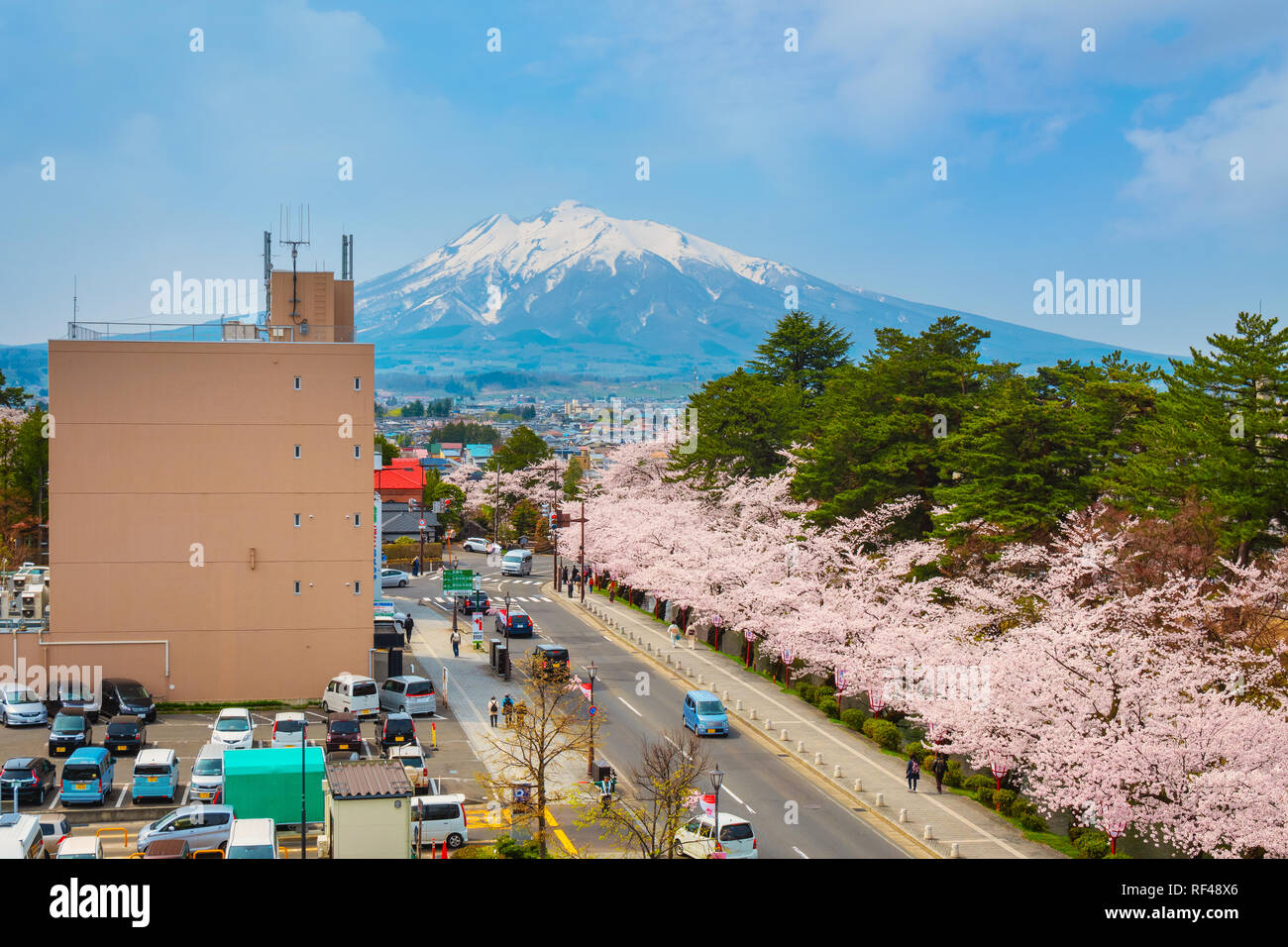 Hirosaki, Japan - 23 April 2018: hirosaki Stadthalle ist einer der besten Ort anzeigen Cherry Blossom mit Iwaki Berg im Frühjahr Stockfoto