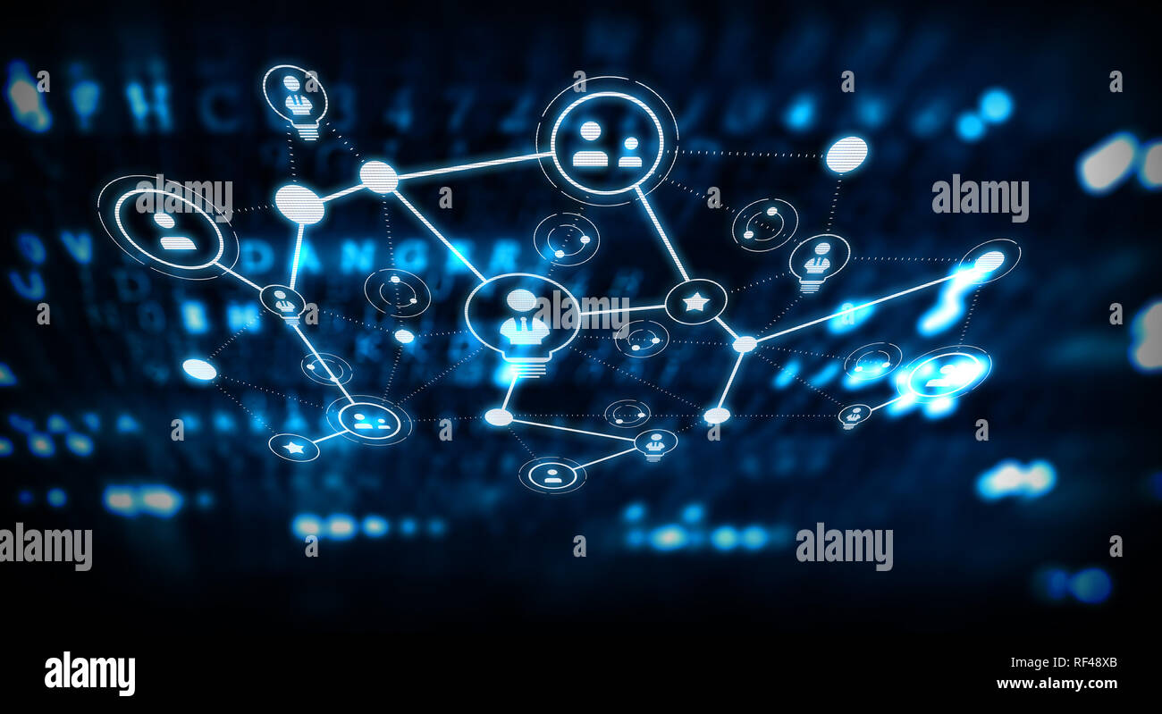 Konzept der sozialen Verbindung mit Net auf dunklem Hintergrund. 3D-Rendering Stockfoto
