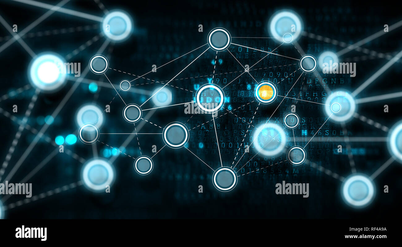 Konzept der sozialen Verbindung mit Net auf dunklem Hintergrund. 3D-Rendering Stockfoto