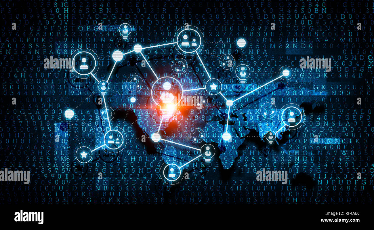 Konzept der sozialen Verbindung mit Net auf dunklem Hintergrund. 3D-Rendering Stockfoto