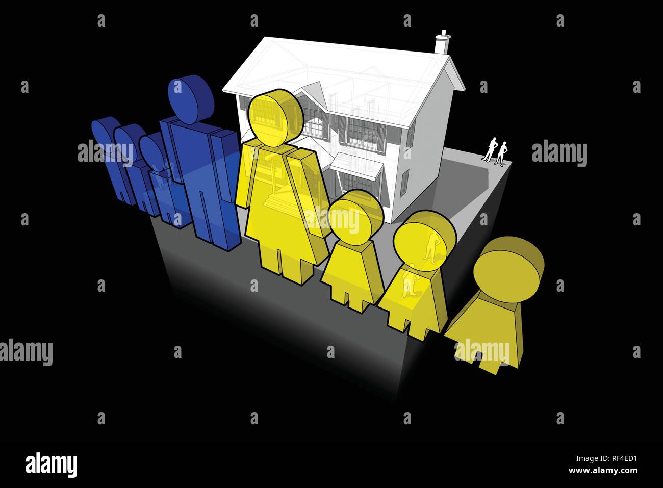 Diagramm eines klassischen Kolonialstil Haus und Familie Zeichen bestehend aus Mann und Frau und sechs Kinder Stock Vektor